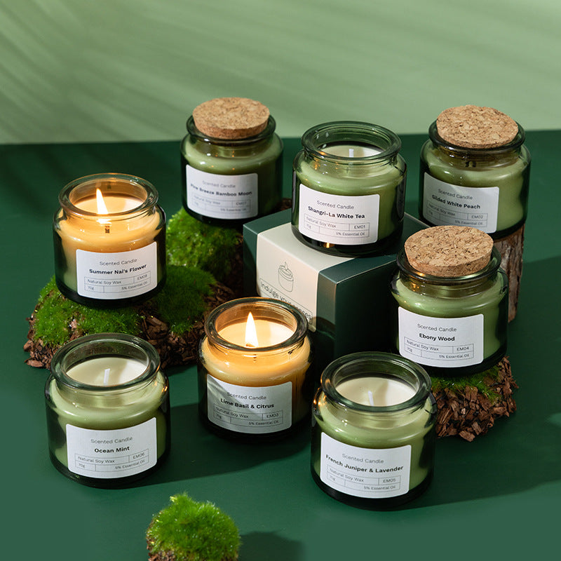 Wood Stoppered Green Glass Soy Wax Scented Candle