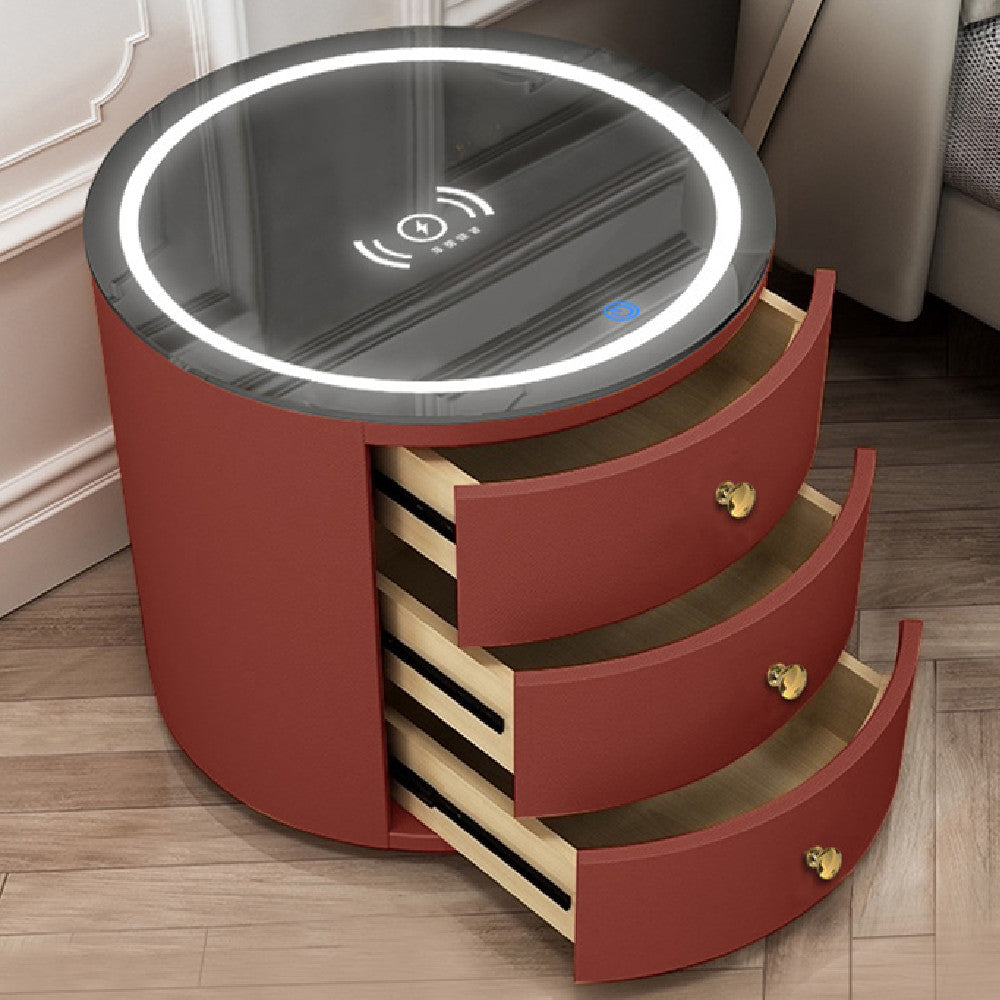 Intelligent Round Bedside Table with Multi-Function Audio Cabinet - Maroon / USB Furniture - Furniture - Grandior Homes