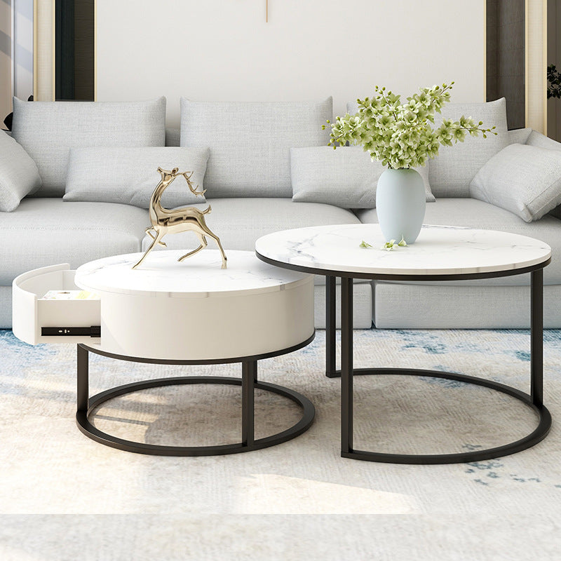 Modern Minimalist Slate Round Coffee Table Combination - Black Frame Yashibai / Diameter 60to45 Furniture - Furniture - Grandior Homes